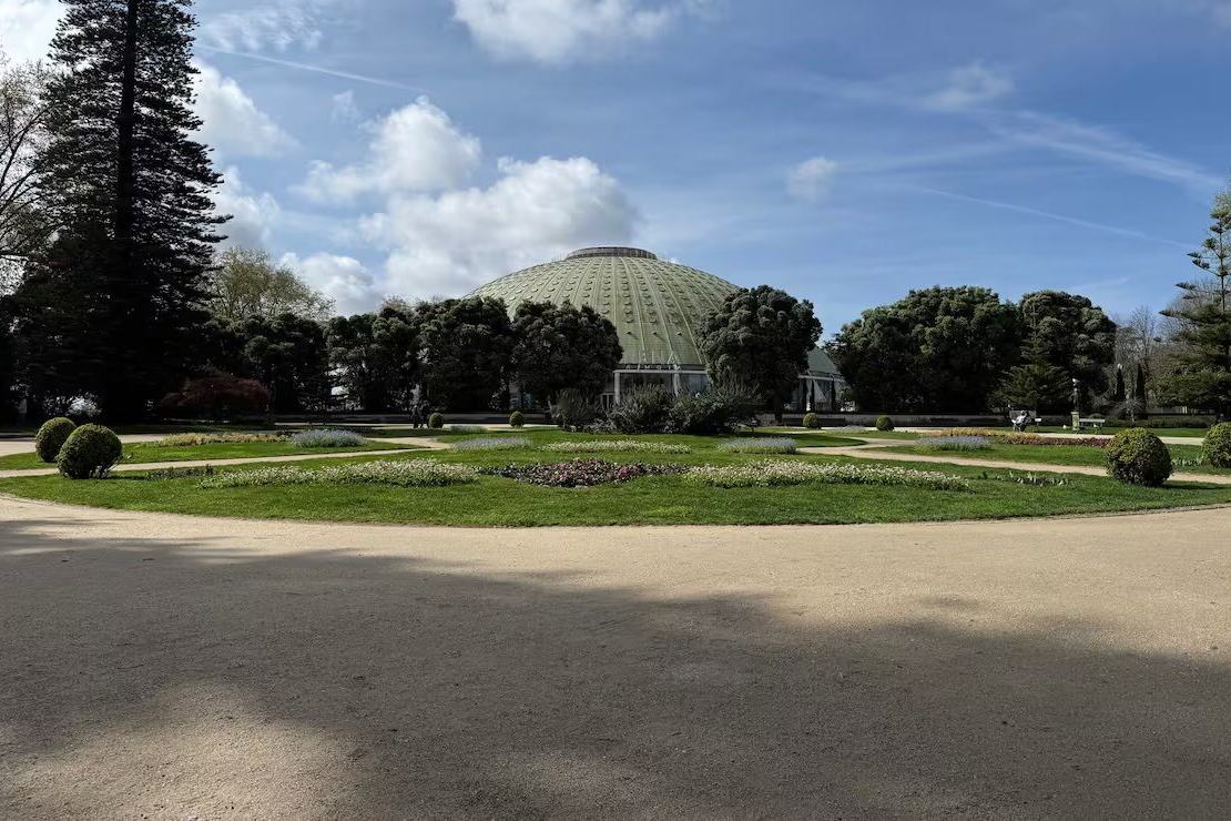 The green dome of the Pavilhão Rosa Mota, the Super Bock Arena, seen across the formal flowerbeds of the Jardins do Palácio de Cristal